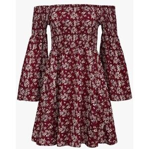 Boho Red Floral Off Shoulder Mini Dress LARGE Bell Sleeve Smocked Hippie Casual